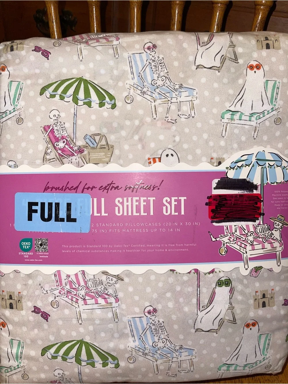 Envogue Pink, Green & Blue Beach Skeleton Print 4-Piece Full Sheet Set